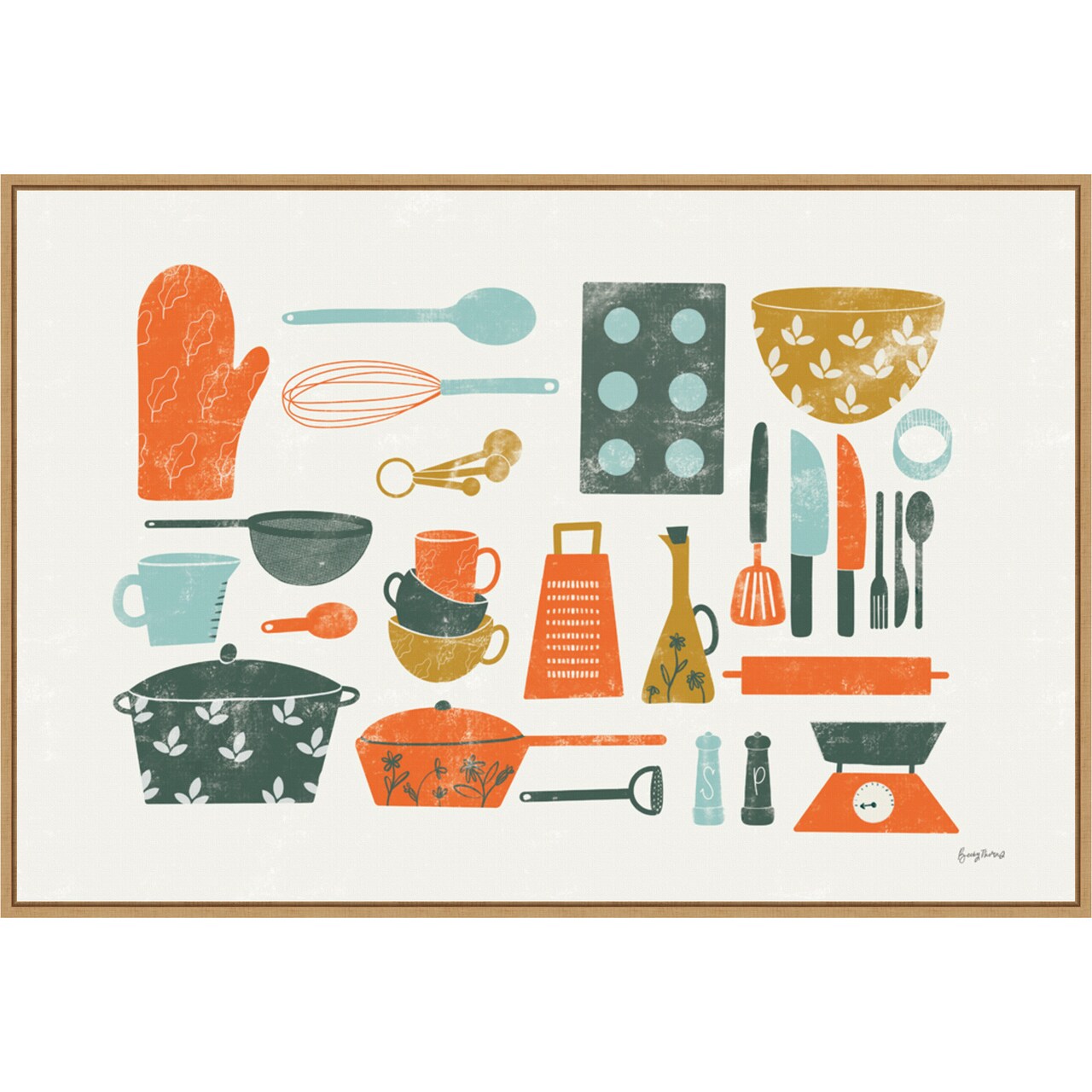 Retro Kitchen I by Becky Thorns 33-in. W x 23-in. H. Canvas Wall Art Print Framed in Natural